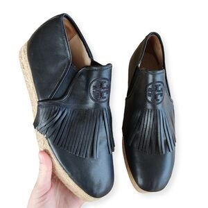 Tory Burch Black Leather Fringe Rios Platform Espadrilles